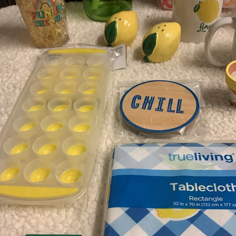 Lemon~Themed Party/Patio 30 Pc matching set NEW Tablecloth S&P shakers Mugs~more